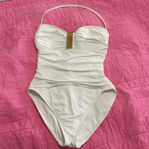 White one piece swimsuit with halter strap Est size 4 (see Measurements) NWOT - Picture 1 of 9